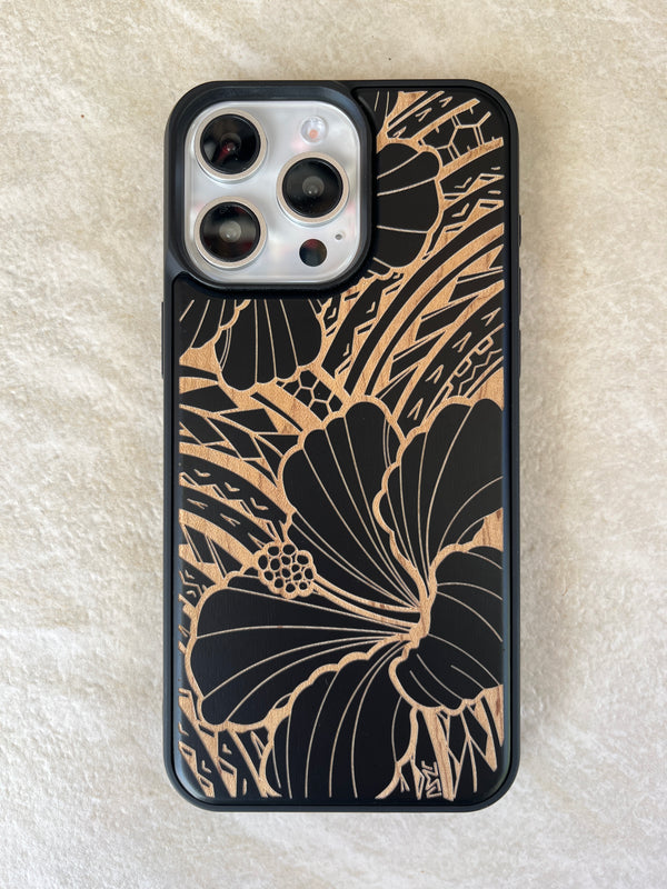 Tribal Hibiscus Wood Case Black (iPhone)