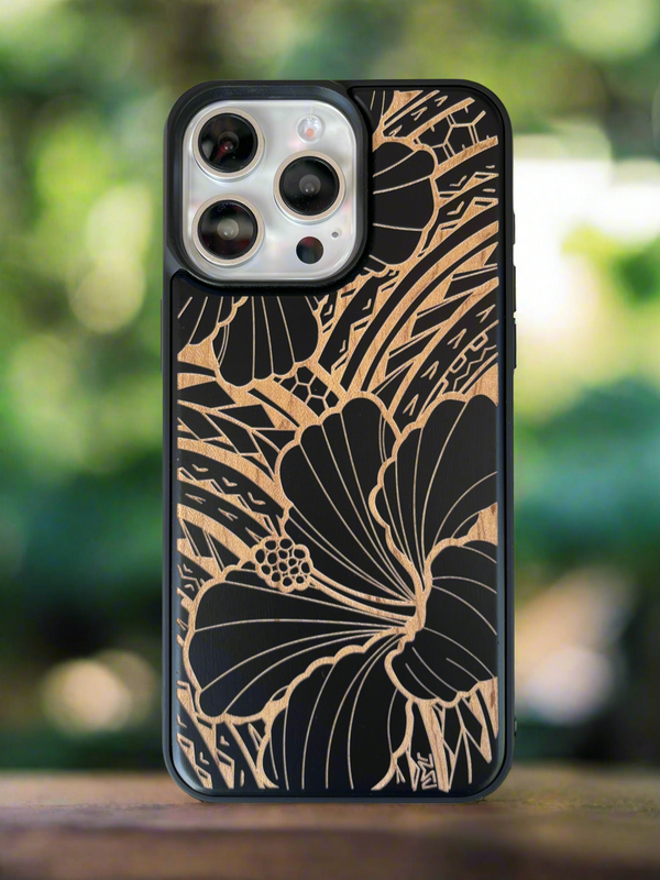 Tribal Hibiscus Wood Case Black (iPhone)