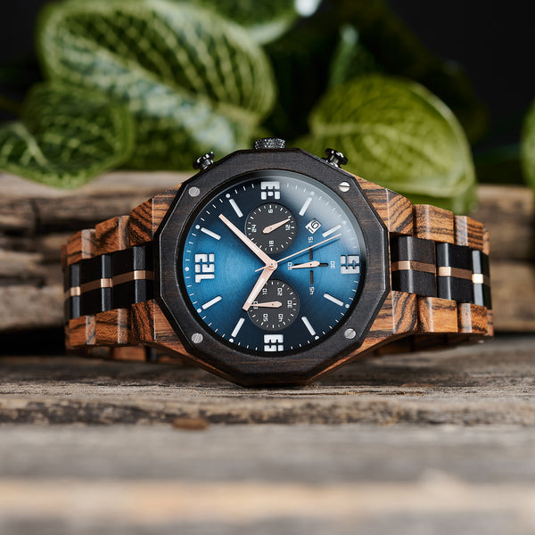 Luxurious Handcrafted Men's Wood Watch Blue Face