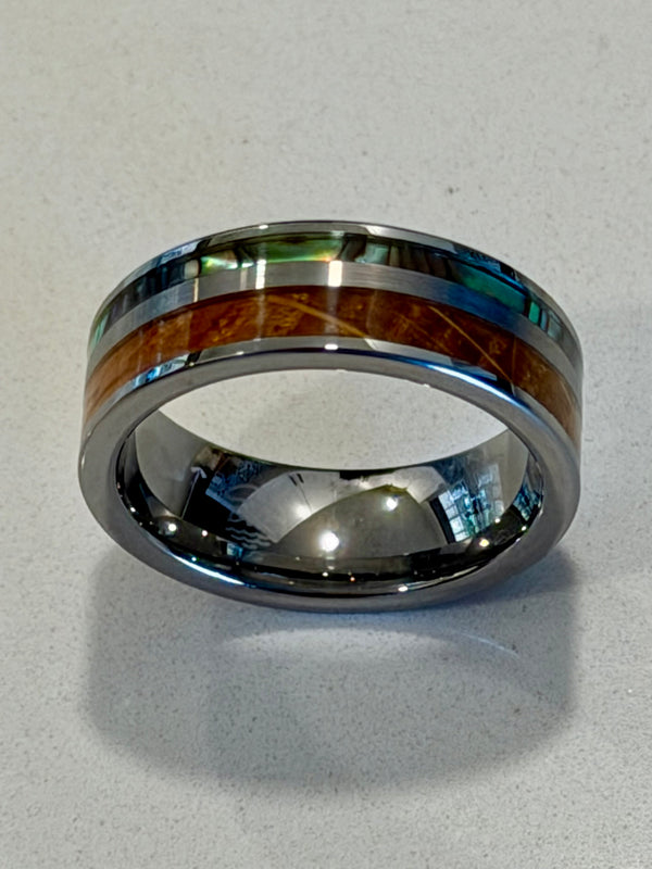 Men's Tungsten Ring Abalone & Koa Wood Inlay