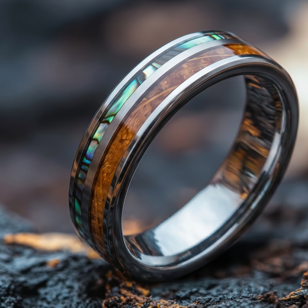 Men's Tungsten Ring Abalone & Koa Wood Inlay