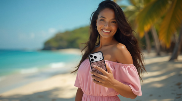 Woman holding a phone on a beach with palm trees and ocean in the background