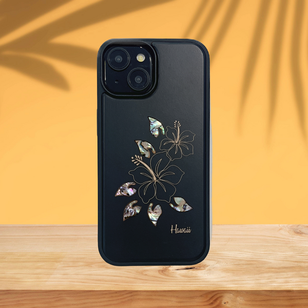Hibiscus Rainbow Seashell Black Wood Case (iPhone)