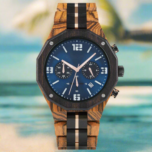 Luxurious Handcrafted Men's Wood Watch Blue Face