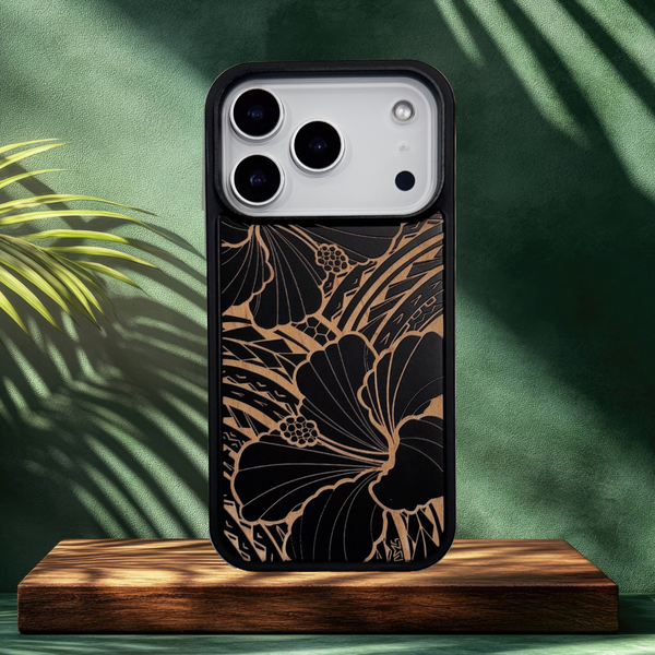 Tribal Hibiscus Wood Case Black (iPhone)