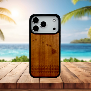 Wooden phone case with Hawaii map design on a wooden surface with a beach background