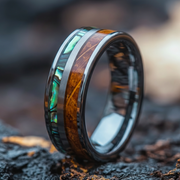 Men's Tungsten Ring Abalone & Koa Wood Inlay